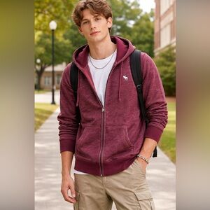 Abercrombie Fitch Moose Logo Full Zip Hoodie Y2K Men’s Burgundy Classic Preppy